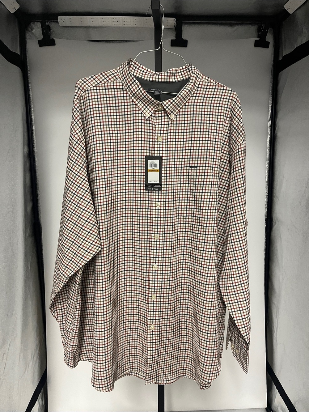 Van Heusen Men's Button-Down Shirt in White, Red & Black Check